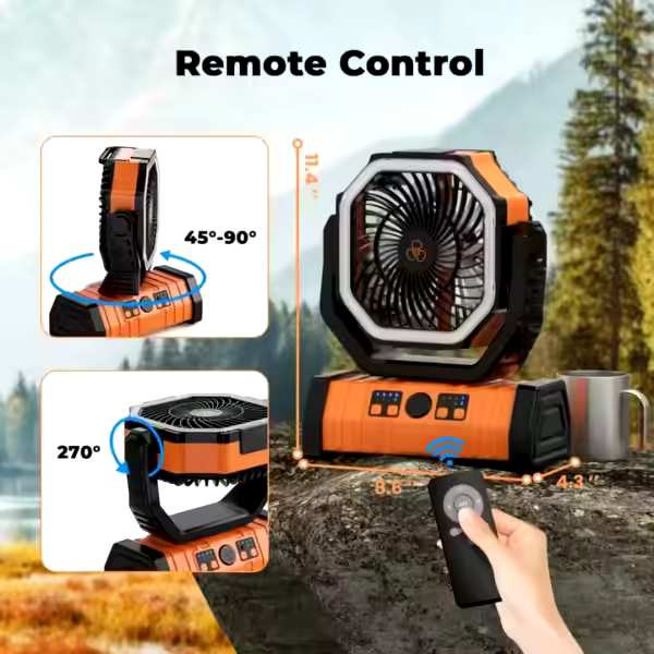 پنکه شارژی کمپینگ مدل F6 با چراغ LED و کنترل از راه دور | ظرفیت باتری