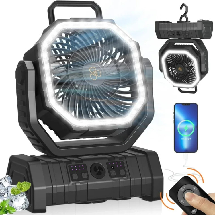 پنکه شارژی کمپینگ مدل F6 با چراغ LED و کنترل از راه دور | ظرفیت باتری